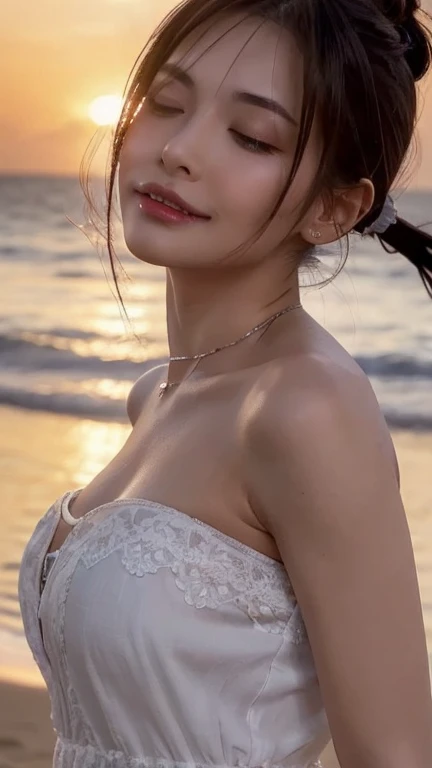  Highest quality, figure, Very detailed, In detail, High resolution, 8k wallpaper, Perfect dynamic composition, Beautiful attention to detail, Wear a dress, Natural color lip,Beach, ランダムでcuteポーズ, Kissing Face,close your eyes,Face Kiss Viewer,Perfect and beautiful face,cute,Sexy Face,sunset,Ecstatic face,Feminine face,Expression of excitement and climax during sex