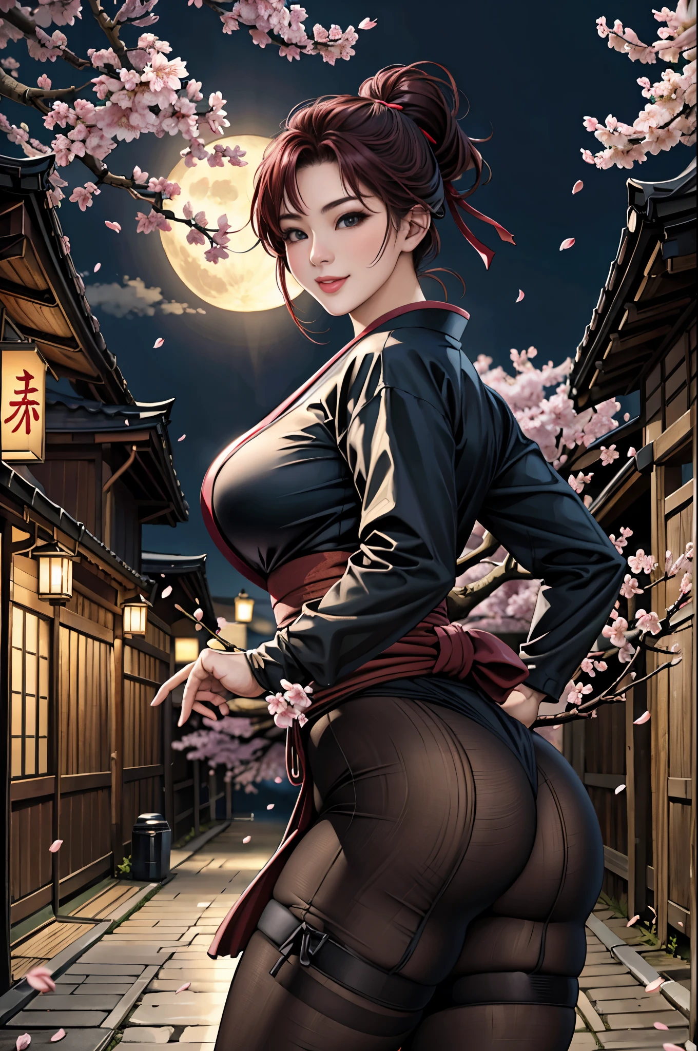 (Browsing Caution), (RAW Photos), (Realistic), (Photorealistic), Ultra-high resolution, masterpiece, Highest quality, Portraiture, facial Portraiture, Perfect lighting, Detailed lighting, Dramatic Shadows, Ray Tracing, Pure Eros Face_v1, Urzan-6500-v1.1, 1 Japanese ninja girl, ((smile)), ((cowboy shot:1.2)), ((random sexy pose)), looking at viewer, ((wearing a ninja_clothes)), ((in old Japanese street)), ((night)), ((background with Cherry blossoms:1.2)), ((Cherry blossom blizzard:1.2)), ((moon)),