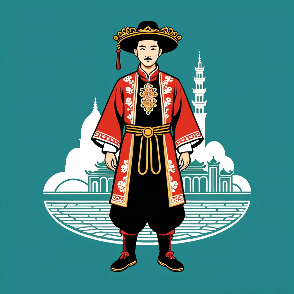 man in macau folk outfit, vector graphics, strong contours, logo design
