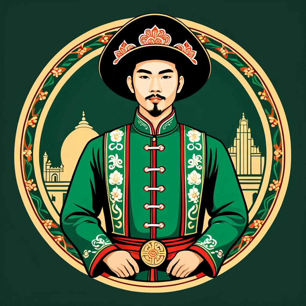 man in macau folk outfit, vector graphics, strong contours, logo design