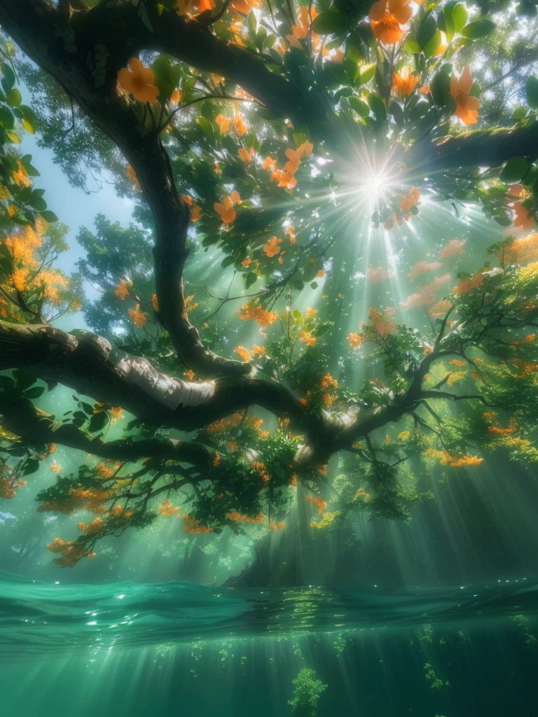Sunlight shining through a tree into the water,Orange flowers on the tree, Amazingly beautiful trees, Breathtakingly beautiful trees, Incredibly beautiful, rays of life, stunning nature in background, Beautiful natural light, really Beautiful nature, beautiful natural backlight, Light blooming sunshine, Beautiful nature, Amazing depth, underwater looking up, Beautiful backlighting, Extremely beautiful and ethereal, nice environment