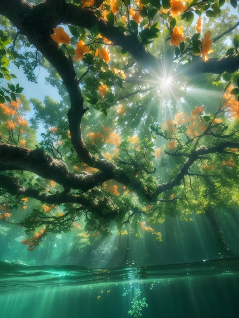Sunlight shining through a tree into the water,Orange flowers on the tree, Amazingly beautiful trees, Breathtakingly beautiful trees, Incredibly beautiful, rays of life, stunning nature in background, Beautiful natural light, really Beautiful nature, beautiful natural backlight, Light blooming sunshine, Beautiful nature, Amazing depth, underwater looking up, Beautiful backlighting, Extremely beautiful and ethereal, nice environment