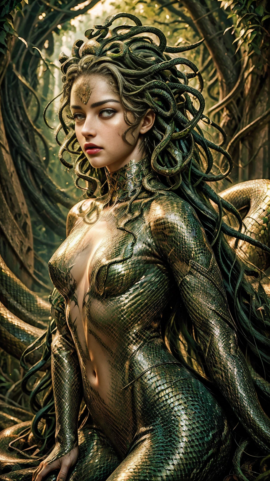 ((best quality)), ((masterpiece)), ((realistic)), Medusa, full body, the hair is composed of countless small snakes, green eyes, female face, metal carved top, royal aura, trend on artstation , sharp focus, studio photo, intricate detail, very detailed, detailed eye, illustration, very detailed, sharp focus, digital render, professional, 4k