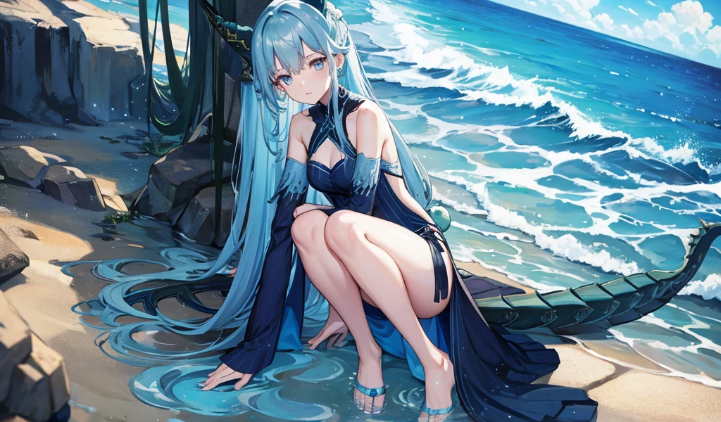 blue hair，Dragon Horn，Dragon tail，dress，ocean