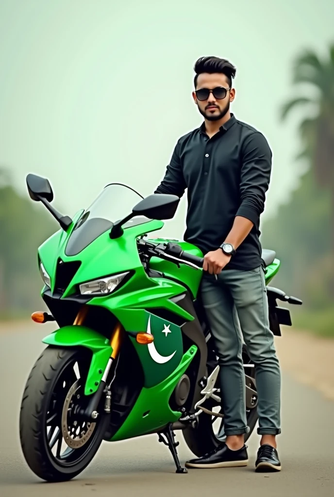 a person standing next to a green motorcycle with a pakistan flag on it, hd picture, trending on tiktok, picture of a male biker, tiktok video, hyperrealistic picture, high quality digital painting, real picture, leaked, by Ambreen Butt, sitting on a motorcycle, facebook profile picture, kyza saleem, hyperealistic photo, real trending on instagram image, r6, digital cartoon painting art, ultra realistic picture, hyper realistic photo, hasan piker, hyper realistic color photo