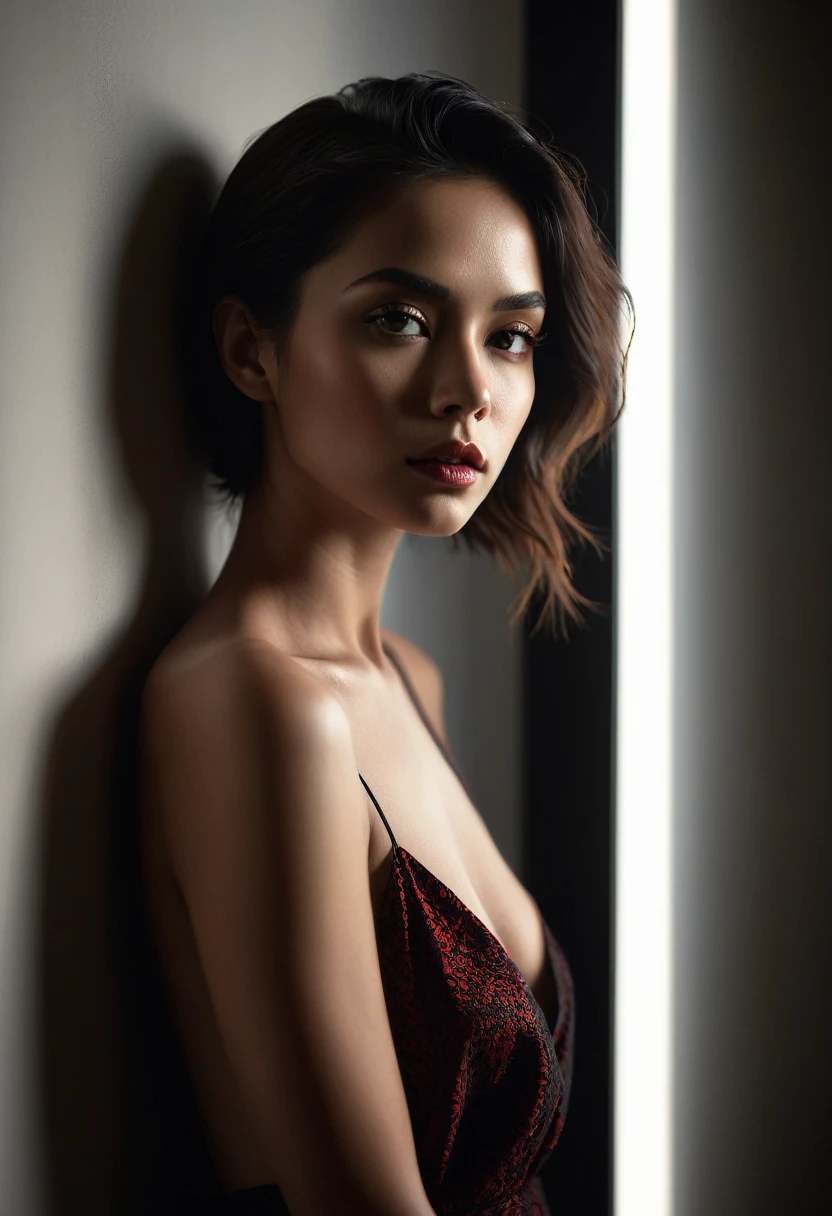 woman bathed in soft light, leaning against a wall, looking into the camera in a moment of raw emotion. Her attire is minimal, accentuating her beauty with the dramatic shadows cast by the lighting. The background is stark, with sharp contrasts highlighting the contours of her form. The red and black palette intensifies the mood, evoking a sense of mystery and allure. Subtle film grain and meticulous shading add depth and texture, emphasizing the emotional gravity of the scene. The lighting creates a chiaroscuro effect, accentuating her expressive pose and the intense atmosphere.