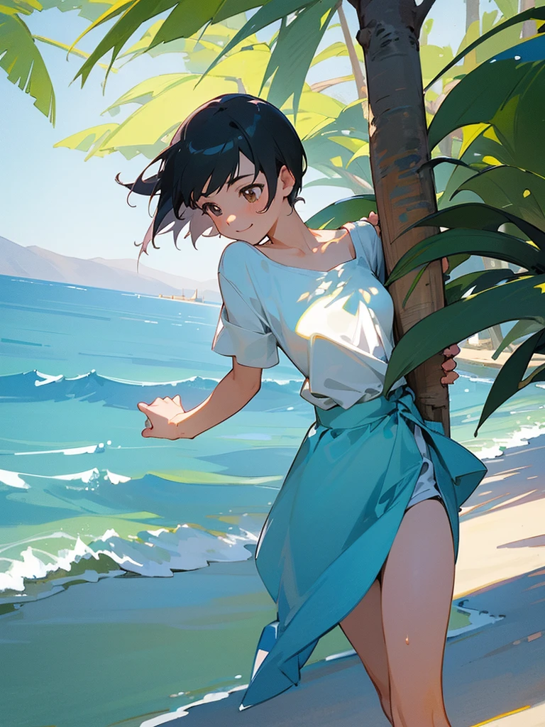 master piece, best quality, for below, cinematic angle, upper body , pigeon toed,
Anime-style Moe illustration, yuri, summer vacation theme, 20-year-old, 2Girls, Beach,Tree Shade, short hair,
Summer Casual, slightly inner thighs, smile, accurate drawing, Active pose, Active Angle,