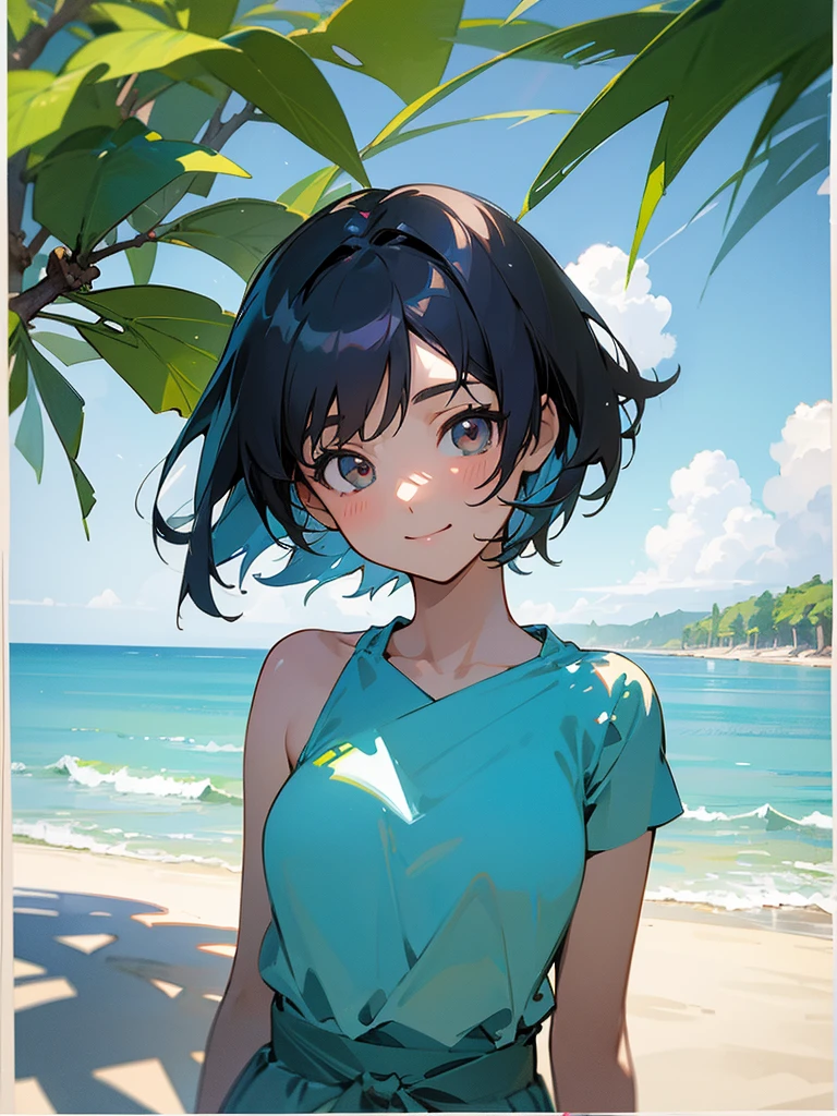 master piece, best quality, for below, cinematic angle, upper body , pigeon toed,
Anime-style Moe illustration, yuri, summer vacation theme, 20-year-old, 2Girls, Beach,Tree Shade, short hair,
Summer Casual, slightly inner thighs, smile, accurate drawing, Active pose, Active Angle,