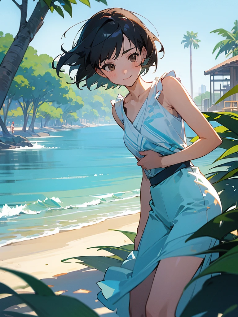  master piece, best quality, for below, cinematic angle, upper body , pigeon toed,  
Anime-style Moe illustration, yuri, summer vacation theme, 20-year-old, 2Girls, Beach,Tree Shade, short hair, 
Summer Casual, slightly inner thighs, smile, accurate drawing, Active pose, Active Angle, 