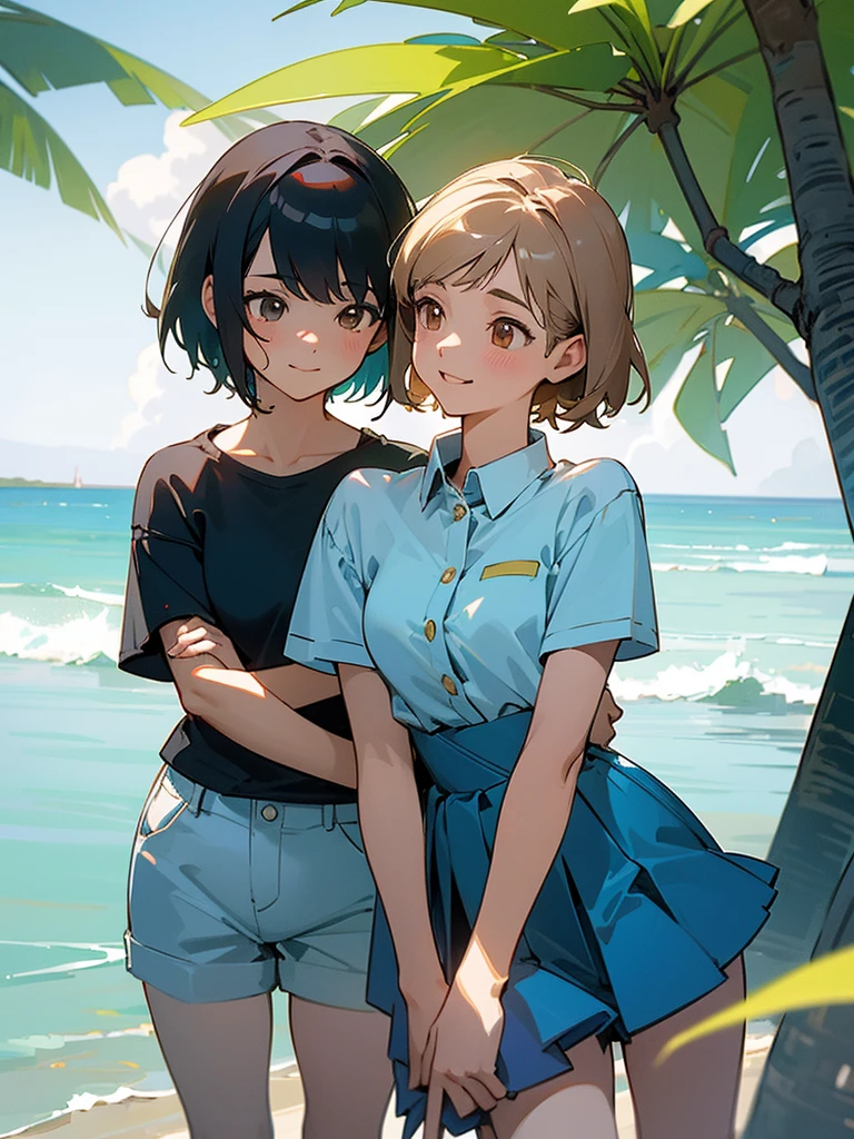  master piece, best quality, for below, cinematic angle, upper body , pigeon toed,  
Anime-style Moe illustration, yuri, summer vacation theme, 20-year-old, 2Girls, Beach,Tree Shade, short hair, 
Summer Casual, slightly inner thighs, smile, accurate drawing, Active pose, Active Angle, 