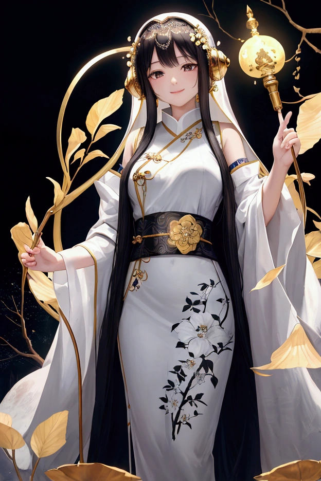 "Wearing headphones, In detailed 8K RAW photos,Unrivaled quality, 捕捉Buddha (Buddha), Show compassion, in front of, In human form. Emphasizes her direct gaze on the viewer, Delivering warmth with a calm smile, And highlight that she holds a long scepter (monk'staff) In her right hand. Wearing clothing that symbolizes her role as mediator between the divine and human worlds, Prime Time,Standing in front of a glade full of flowers,Each flower represents tranquility and light。. This surrealist masterpiece, A strong atmosphere of peace, Provokes deep reflection and connection."