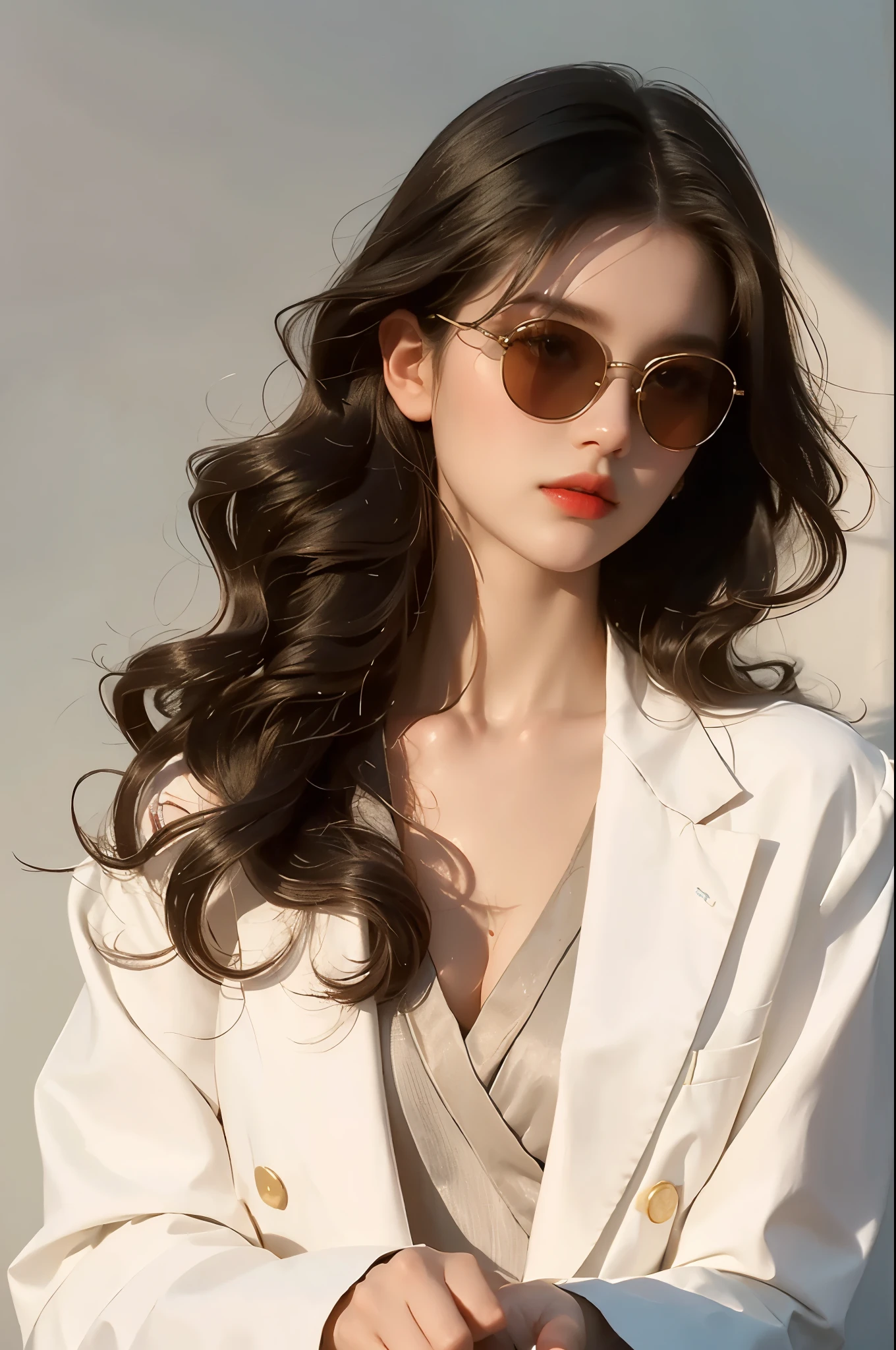 A girl with black curly hair stands in the hotel lobby,Sunglasses pinned to his head,Confident and beautiful, slightly raised chin