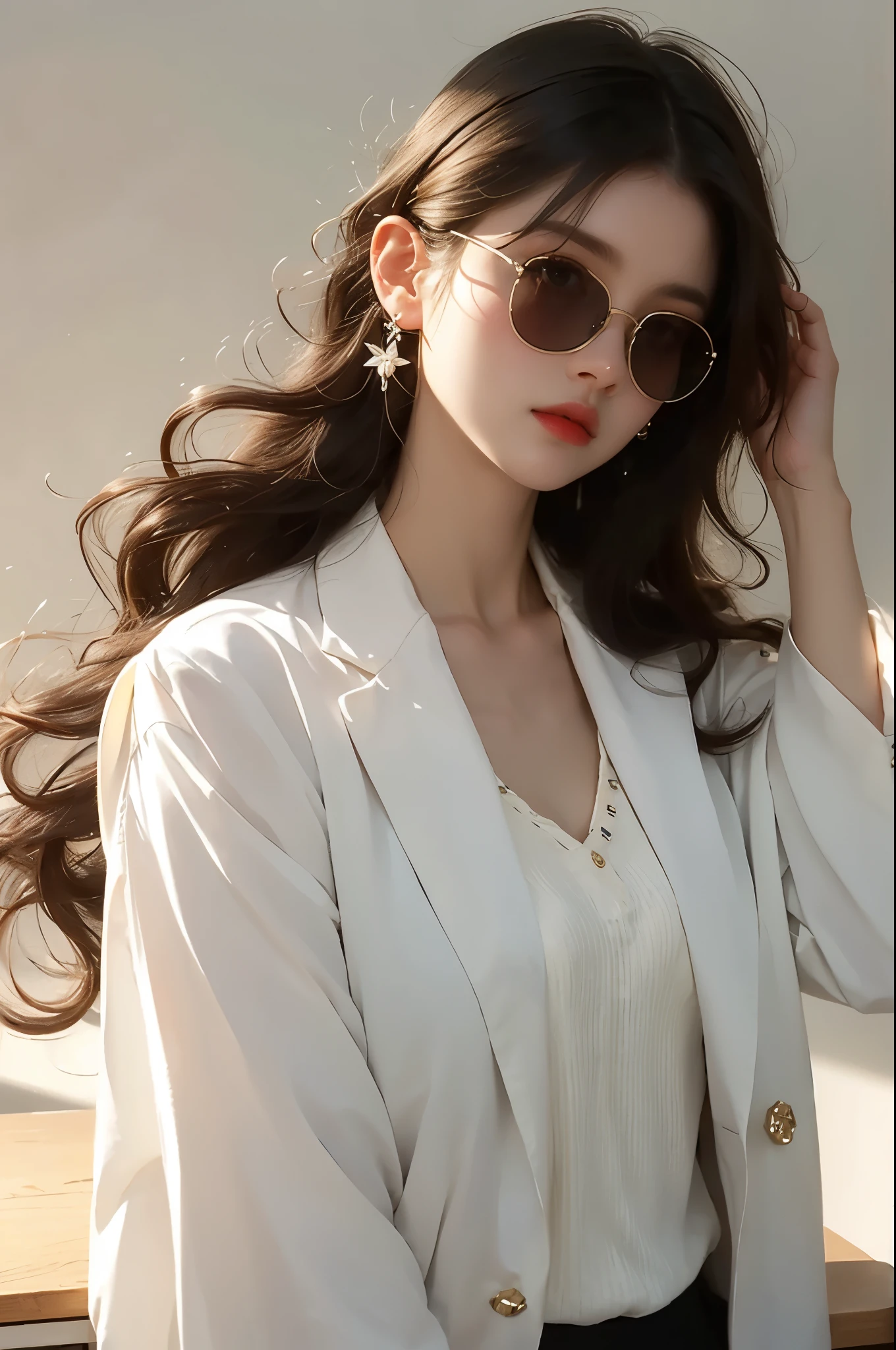 A girl with long black curly hair wearing a white suit,Sunglasses pinned to his head,Confident and beautiful, slightly raised chin,Standing at the desk