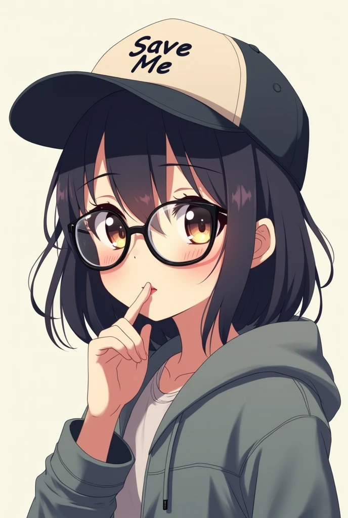 Anime Girl  with Glasses  with cap and jacket which is writen "  Save Me "