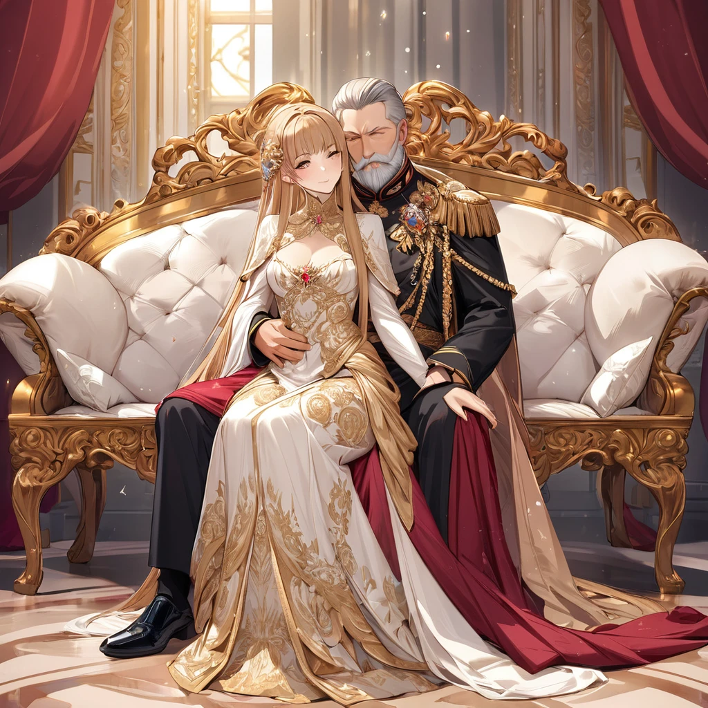 ((Highest quality)), ((masterpiece)), (detailed), (Perfect Face)、The woman is Yuuki Asuna, a Russian with light brown, medium-long hair, an elegant, graceful and beautiful Russian noblewoman, and the Empress of the Great Russian Empire.、The woman is beautifully dressed in the gorgeous and glittering gold-colored Russian court dress of an ancient Russian empress, with gorgeous accessories, and a beautiful and luxurious kokoshnik.、The woman is standing next to a great and imposing old Russian emperor with a beard.、The woman sits in love and embraces the great Russian emperor on a luxurious sofa in the palace.、A woman is sitting happily close to the great old Russian emperor, hugging and kissing him on a luxurious sofa in the palace. The deeply in love couple, the elderly emperor and the beautiful young empress, are