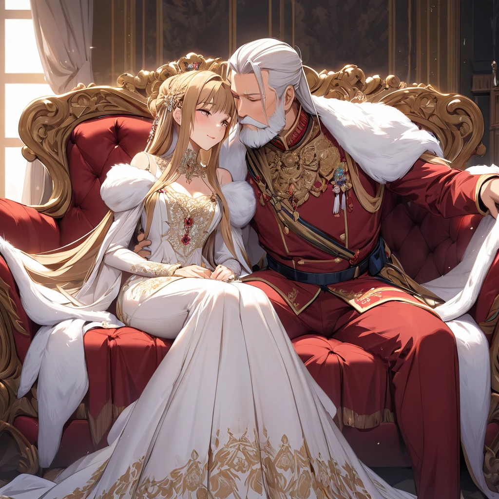 ((Highest quality)), ((masterpiece)), (detailed), （Perfect Face）、The woman is Yuuki Asuna, a Russian with light brown, medium-long hair, an elegant, graceful and beautiful Russian noblewoman, and the Empress of the Great Russian Empire.、The woman is beautifully dressed in the gorgeous and glittering gold-colored Russian court dress of an ancient Russian empress, with gorgeous accessories, and a beautiful and luxurious kokoshnik.、The woman is standing next to a great and imposing old Russian emperor with a beard.、The woman sits in love and embraces the great Russian emperor on a luxurious sofa in the palace.、A woman is sitting happily close to the great old Russian emperor, hugging and kissing him on a luxurious sofa in the palace. The deeply in love couple, the elderly emperor and the beautiful young empress, are