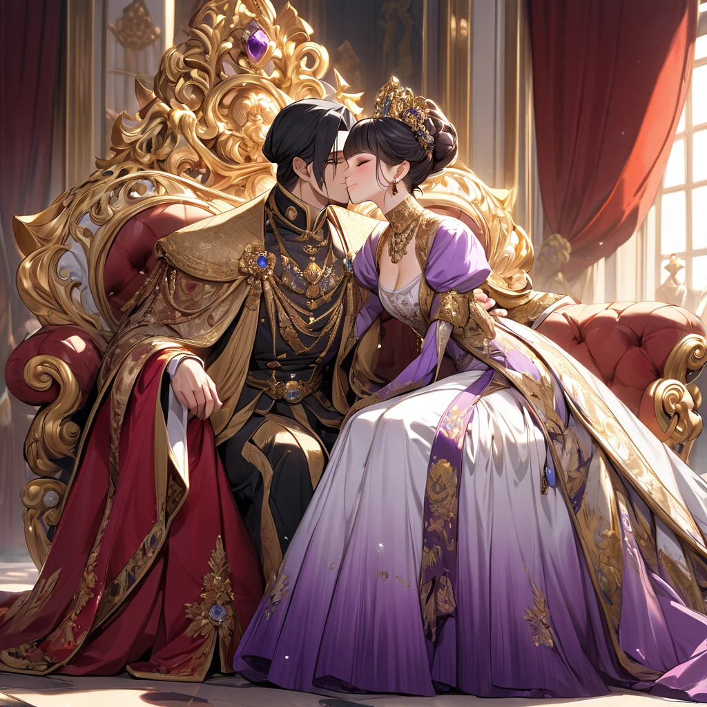 ((Highest quality)), ((masterpiece)), (detailed), (Perfect Face)、The woman is Shinobu Kocho, a Russian with black hair with purple gradient ends, tied in a bob hairstyle, an elegant, graceful and beautiful Russian noblewoman, and the Empress of the Great Russian Empire.、The woman is beautifully dressed in the gorgeous and glittering gold-colored ancient Russian court dress of an ancient Russian empress, accessorized with luxurious accessories and kokoshniks.、The woman is standing next to a great and dignified old Russian emperor.、A woman is sitting on a luxurious sofa in a palace hugging and kissing a great old Russian emperor, looking happy and in love、The woman loves the emperor with all her heart.
