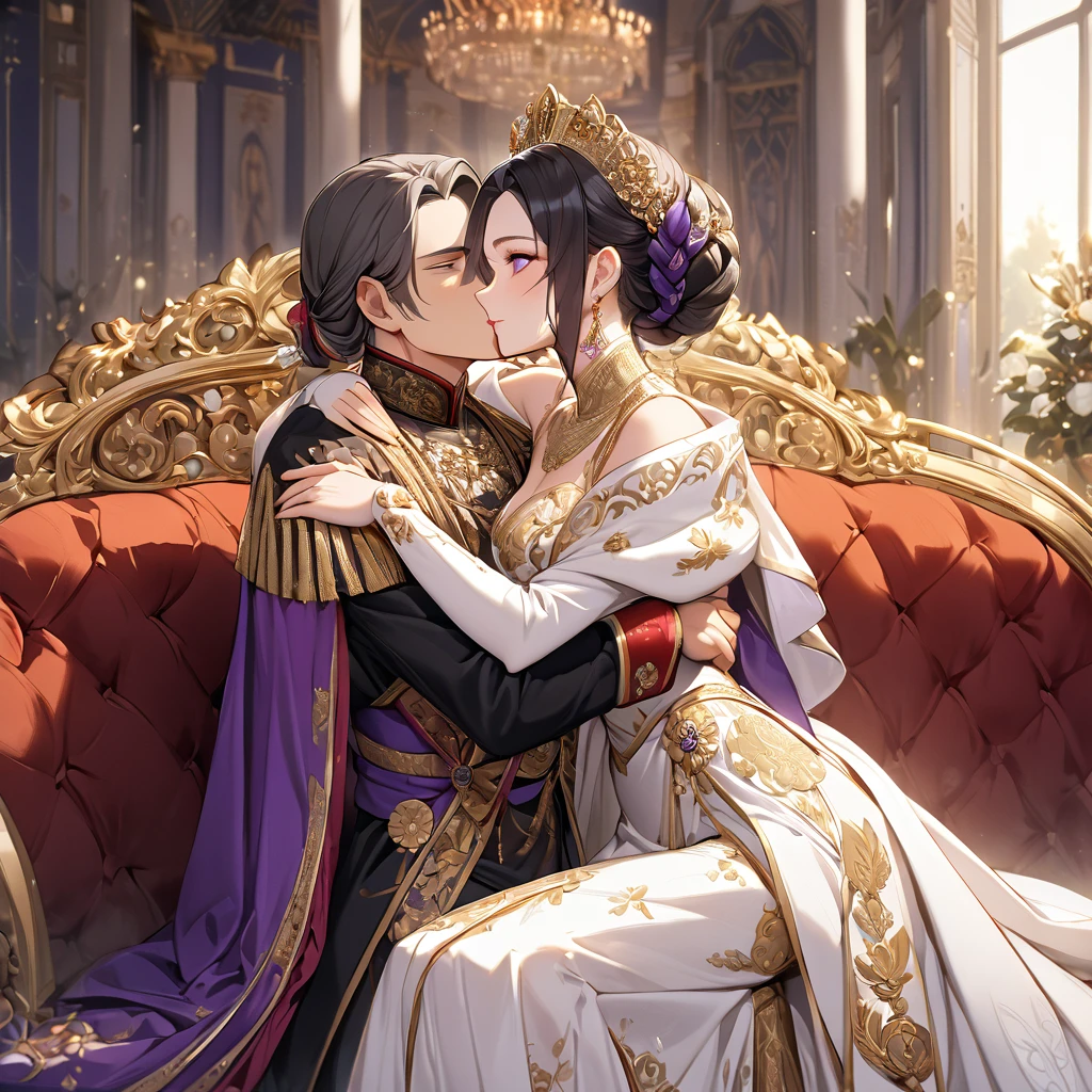 ((Highest quality)), ((masterpiece)), (detailed), (Perfect Face)、The woman is Shinobu Kocho, a Russian with black hair with purple gradient ends, tied in a bob hairstyle, an elegant, graceful and beautiful Russian noblewoman, and the Empress of the Great Russian Empire.、The woman is beautifully dressed in the gorgeous and glittering gold-colored ancient Russian court dress of an ancient Russian empress, accessorized with luxurious accessories and kokoshniks.、The woman is standing next to a great and dignified old Russian emperor.、A woman is sitting on a luxurious sofa in a palace hugging and kissing a great old Russian emperor, looking happy and in love、The woman loves the emperor with all her heart.