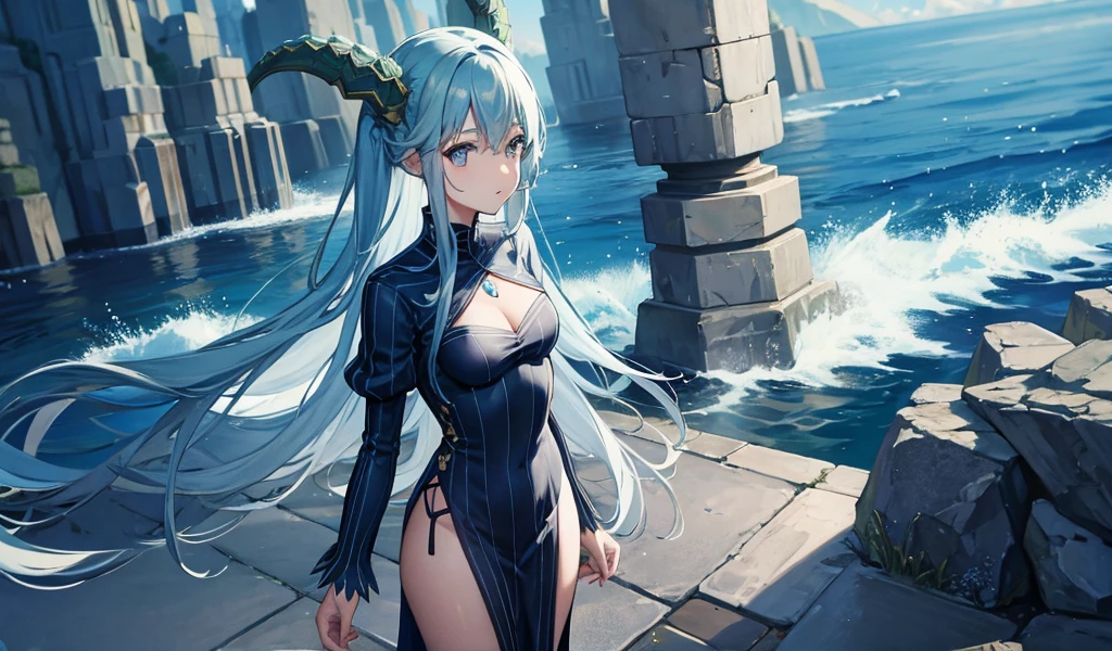 blue hair,Dragon Horn,Dragon tail,dress,thigh,Standing,ocean
