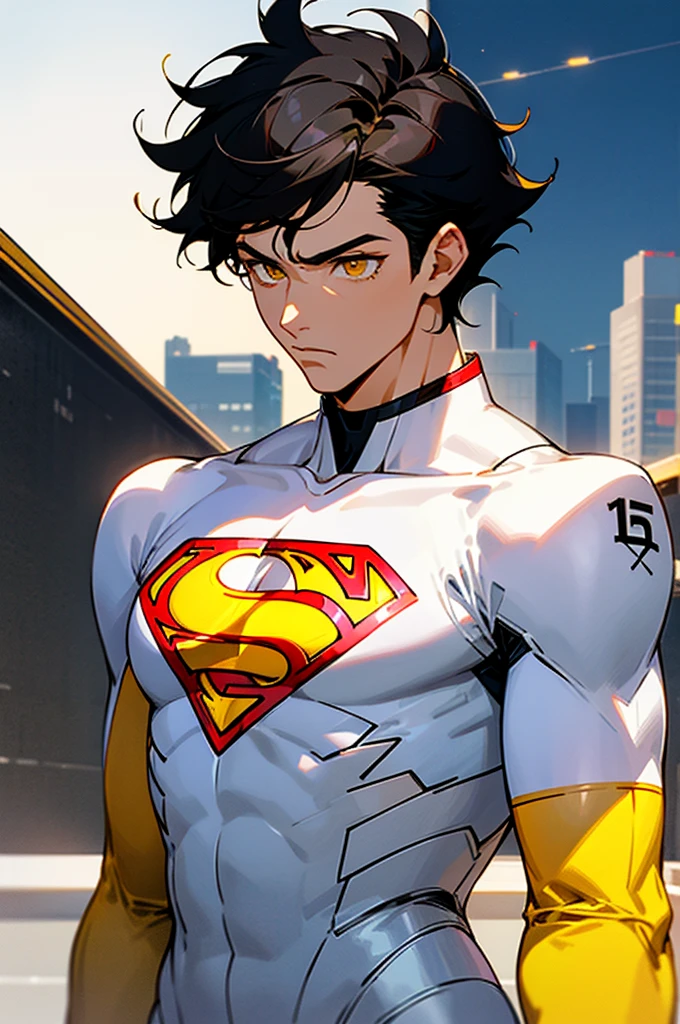 1male , Low taper fade , messy hair ,short hair, black Hair , golden Eyes , Lean , male , white Body Suit , Serious Expression , Modern City Background , Yellow S symbol on chest, modern city background, upper body, superman shirt, arm, white arm sleeves, superhero suit, Superman S Symbol