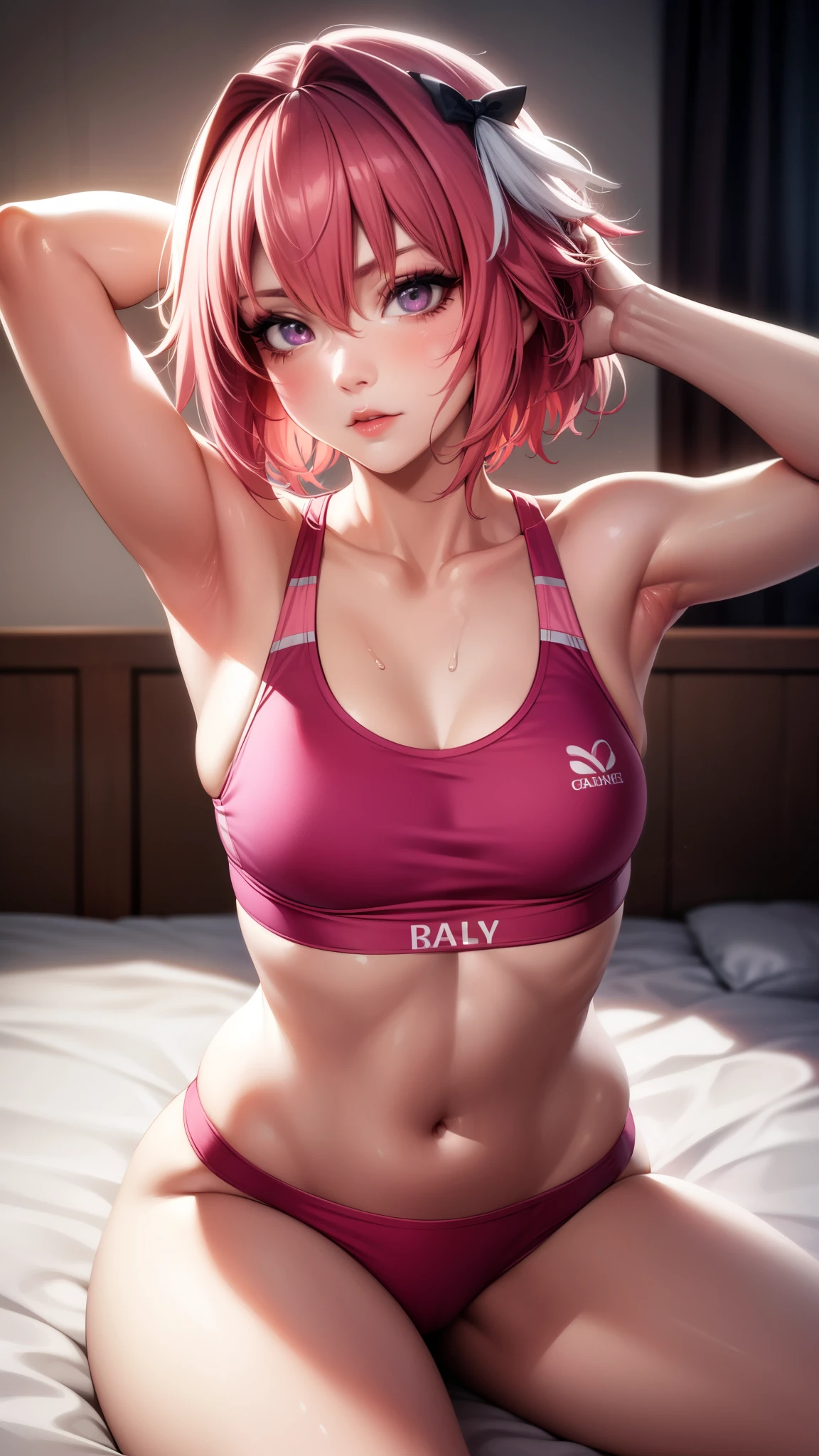 Astolfo, (Masterpiece:1.25), Best quality, High resolution:1.35, RAW photo:1.2, Photorealistic:1.37, Hyper-realistic, 16K, Dreamy, ((Femboy)), Curvy build, Skinny, Slender body, Fine detailed beautiful eyes: 1.2, Serious Expression, Ulzzang, Erotic thighs, Lustrous skin, Photon maping, Cinematic lighting, Cowboy shot, Upper body, (Pink sports bra), Show armpits, Sitting pose on bed, Cute face, Long eyelashes, detailed eyelashes, eye shadows, glowing eyes, realistic eyes, Natural makeup, Clear facial features, Hyper detailed face, Lip details