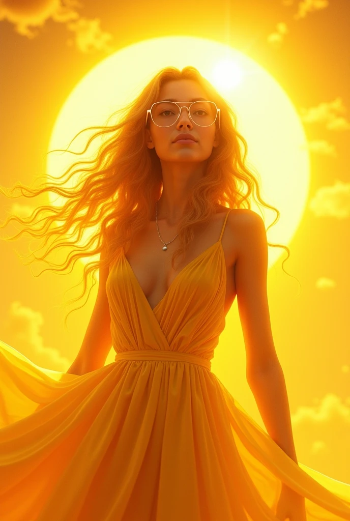 Beautiful girl with a wavy hair and eyeglass, she has the power of the sun, she is color yellow and she has the background of yellow sun
