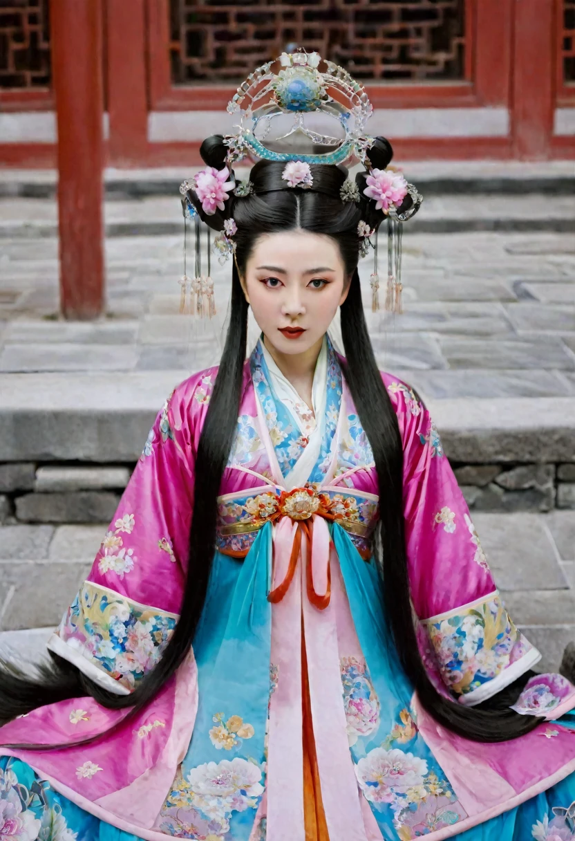  Qing Dynasty Empress in Chinese Imperial Court Playing with her pubic hair Qing Dynasty Empress Chinese Empress Wearing a Large Crown Her hair is decorated with a large flower and a large crown　
Her hair is tied up and pulled up. The background is the stone paving outside the Qing Dynasty.