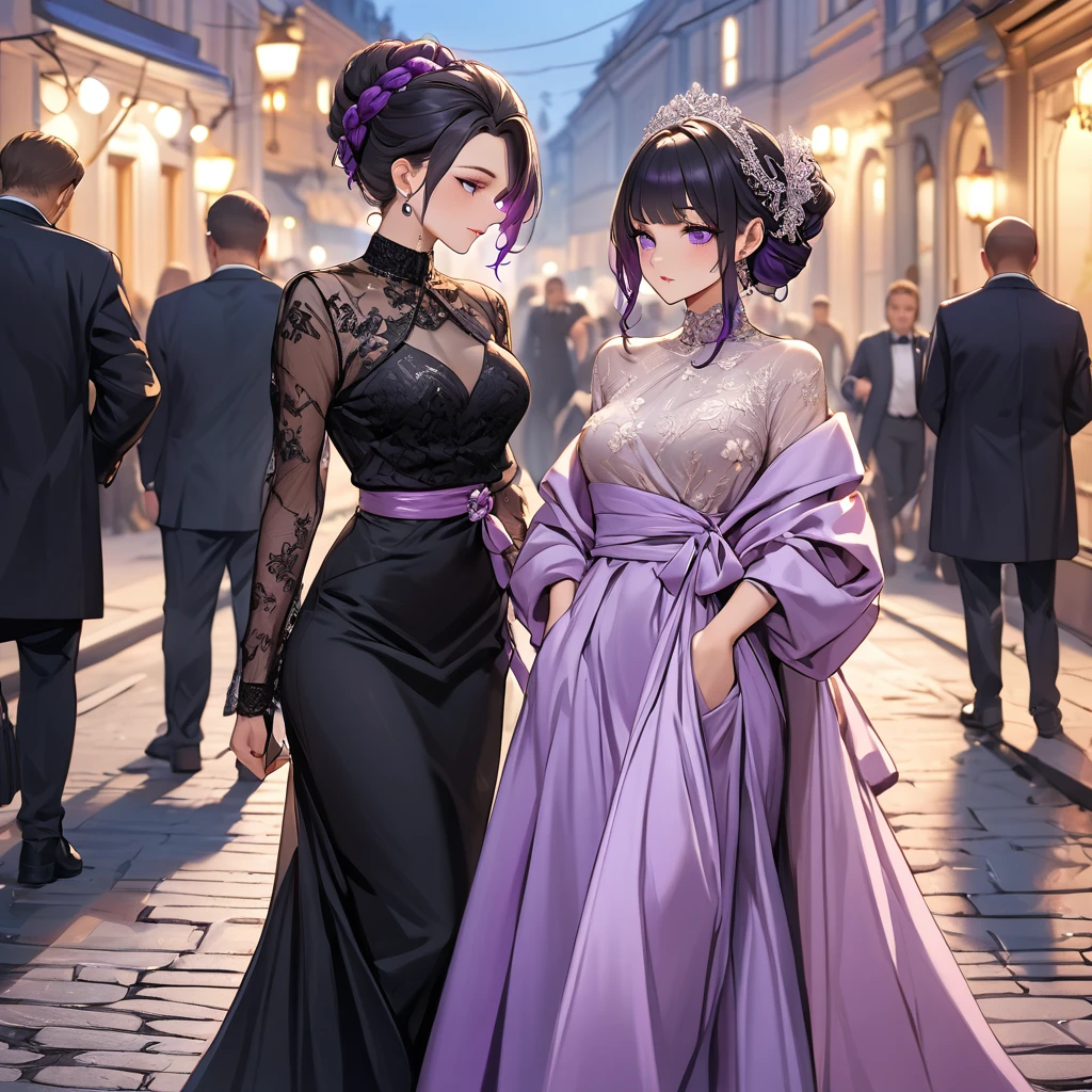 ((Highest quality)), ((masterpiece)), (detailed), (Perfect Face)、The woman is Shinobu Kocho, a Russian with black hair in a purple gradient bob style, tied up in a formal evening hairstyle.、In the streets of Russia, women are beautifully dressed in everyday Russian clothing and luxurious accessories.
