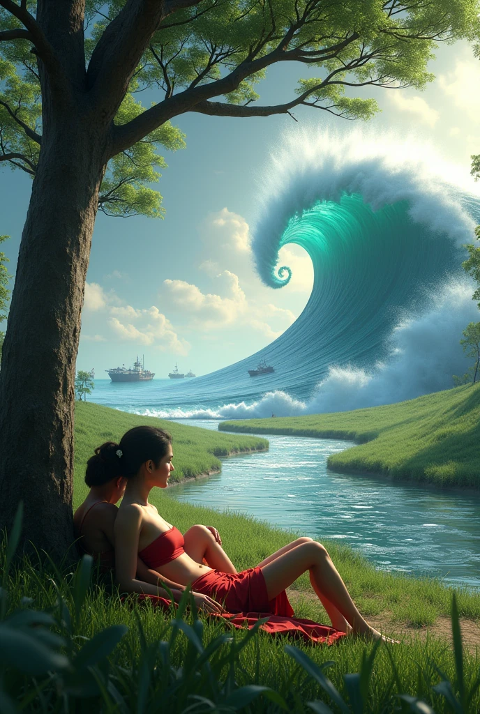 thai farmers couple chilling by a tree, near a stream The woman is wearing a red crop shirt. 3D photo, The color palette is soft. during a thunderstorm, wet, capturing a serene and ethereal mood.The background features a tidal wave coming, ships surf the wave, light and shadow. maximum resolution, ultra realistic