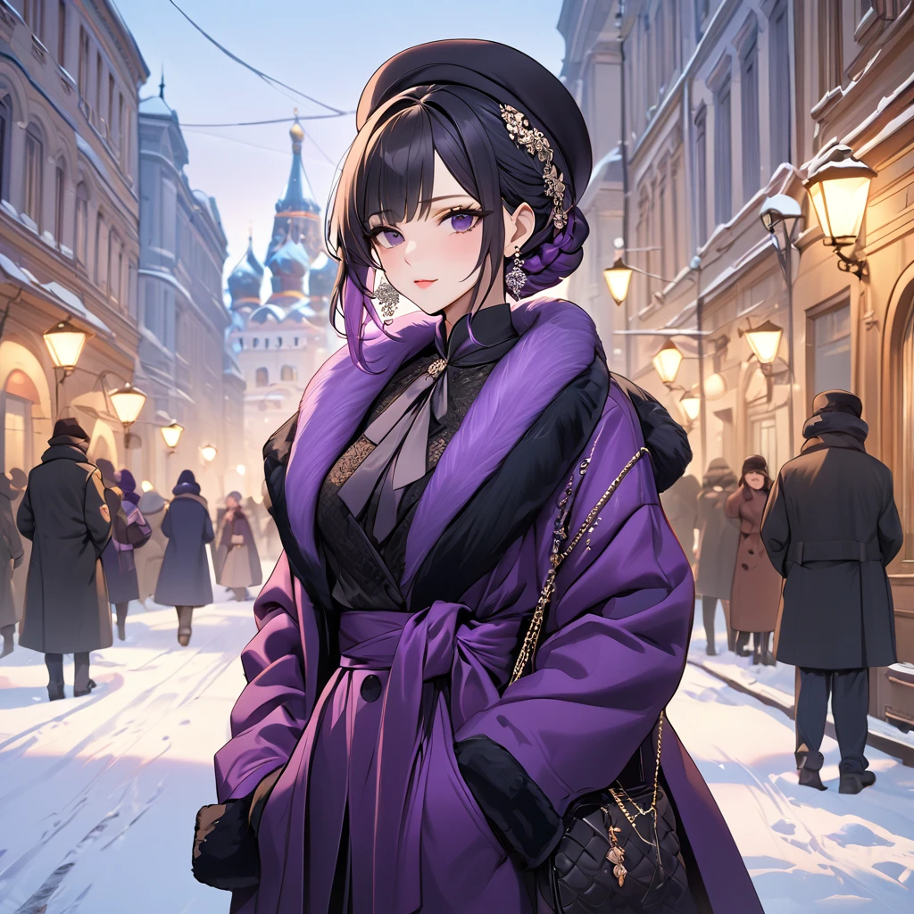 ((Highest quality)), ((masterpiece)), (detailed), （Perfect Face）、The woman is Shinobu Kocho, a Russian with black hair in a purple gradient bob style, tied up in a formal evening hairstyle.、In a Russian city in winter, a woman is beautifully dressed in everyday Russian winter clothes, a Russian hat, and luxurious accessories.