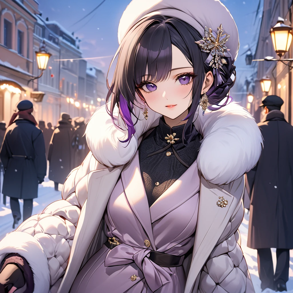((Highest quality)), ((masterpiece)), (detailed), (Perfect Face)、The woman is Shinobu Kocho, a Russian with black hair in a purple gradient bob style, tied up in a formal evening hairstyle.、In a Russian city in winter, a woman is beautifully dressed in everyday Russian winter clothes, a Russian hat, and luxurious accessories.