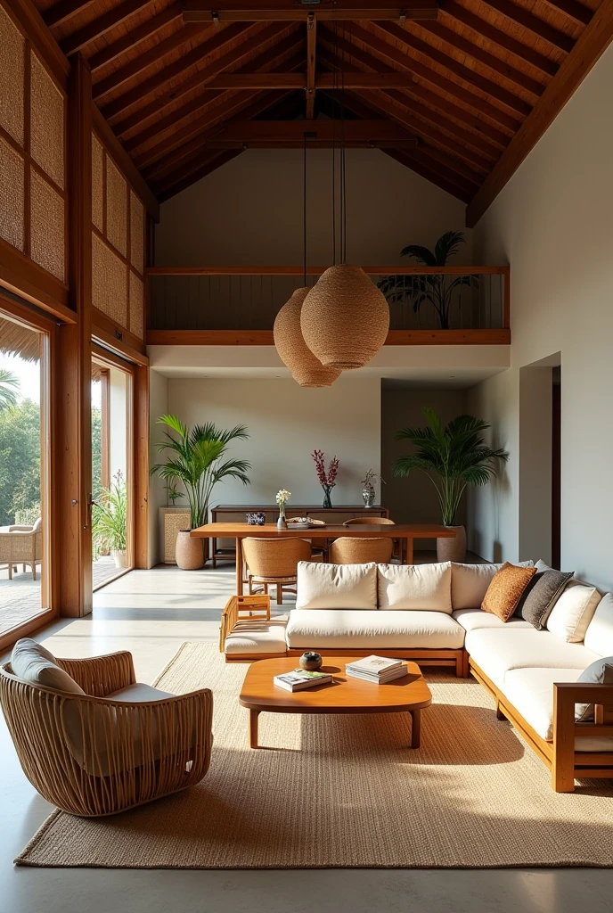 Open big living room, Simple Javanese joglo house
With rattan and bamboo furniture