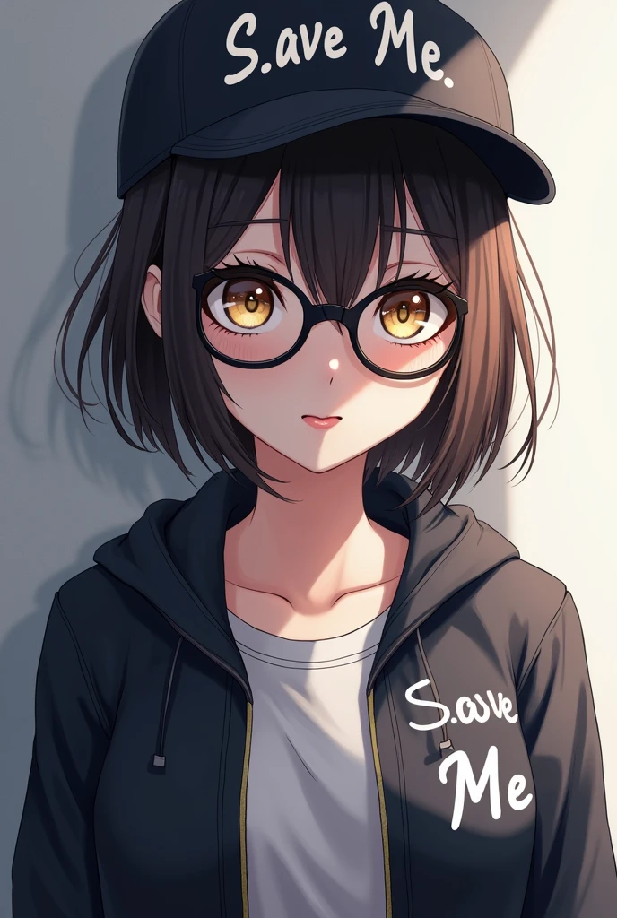 Mature Anime Girl  with Glasses  with cap and jacket which is writen "  Save Me "