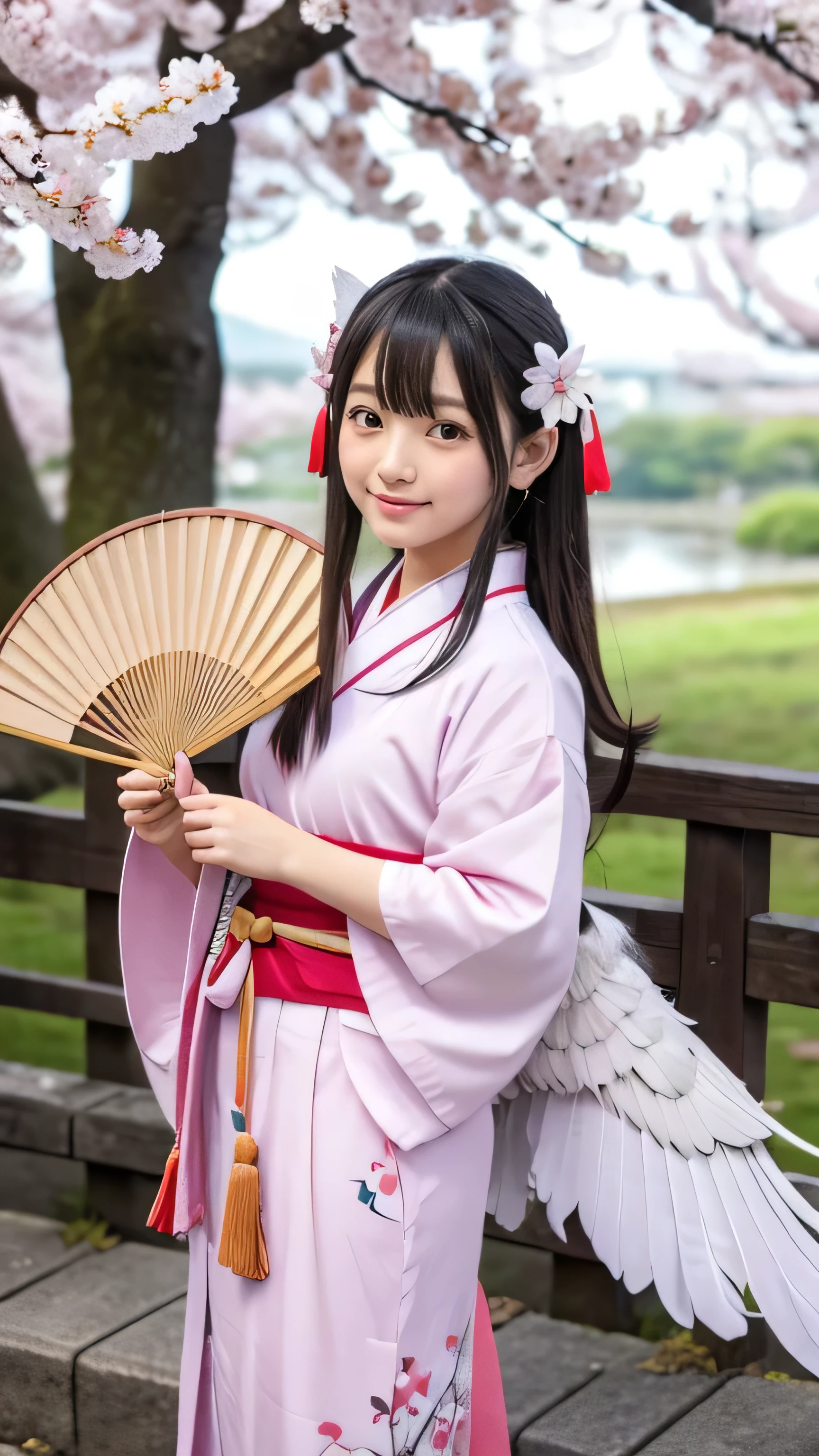 Prompt: Create an ultra-realistic depiction of an adorable Tengu, blending traditional Japanese folklore with the ultimate "moe" character design. The Tengu retains its iconic bird-like features, such as a small, beak-like nose and feathered wings, but is transformed into a cute, youthful figure. The Tengu has large, sparkling eyes full of curiosity and innocence, with long, flowing hair adorned with tiny, decorative feathers. The wings are soft and fluffy, with pastel colors like pink and lavender, adding to the overall charm. The outfit is a cute, kimono-style dress with vibrant patterns and a short, fluttery skirt. The Tengu's pose is playful, with one hand holding a small, traditional fan, and the other making a peace sign. The background is a serene, cherry blossom-filled landscape, enhancing the Tengu's kawaii appeal.