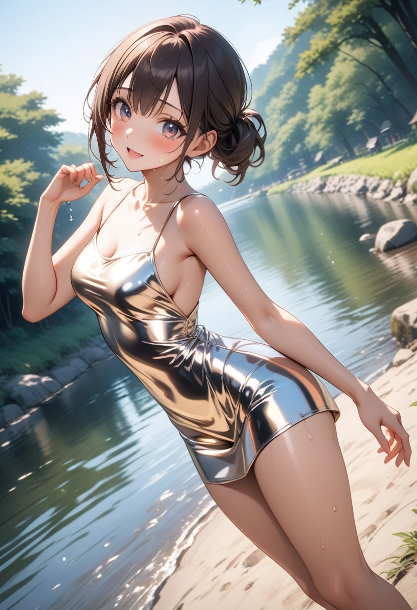 (((A woman playing in midsummer in Japan))), (A hot summer)), (((Summer Dresses))), ((Shiny Costumes)), skindentation, skinny, solo, 1 woman, Masterpiece, highest quality, highest quality, 16K, incredibly absurd, highly detailed, 2.5D, ai-generated, delicate and dynamic, very delicate facial expressions, delicate eye depiction, erotic, only sexy woman, ((A cute and kind face)), healthy figure, ((25-year-old woman)), 160cm tall, medium firm swaying bust, Dark Hair, blush, Sweat,Embarrassed,sexy, ((thin thighs)), (camel toe:0.7), (visible nipples:0.7), (Erect nipples,:0.7), shiny and lustrous, facing straight at viewer, (((in heat))), ((Oily_skin)), ((Lots of sweat)), (((Brown Skin))), ((dutch angle)), ((erotic pose)), ((In the Japanese countryside, by the river, on a hot summer's afternoon,)), Metallic shiny outfit, (((Very dynamic pose))),