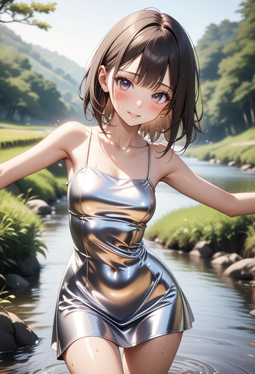 (((A woman playing in midsummer in Japan))), (A hot summer)), (((Summer Dresses))), ((Shiny Costumes)), skindentation, skinny, solo, 1 woman, Masterpiece, highest quality, highest quality, 16K, incredibly absurd, highly detailed, 2.5D, ai-generated, delicate and dynamic, very delicate facial expressions, delicate eye depiction, erotic, only sexy woman, ((A cute and kind face)), healthy figure, ((25-year-old woman)), 160cm tall, medium firm swaying bust, Dark Hair, blush, Sweat,Embarrassed,sexy, ((thin thighs)), (camel toe:0.7), (visible nipples:0.7), (Erect nipples,:0.7), shiny and lustrous, facing straight at viewer, (((in heat))), ((Oily_skin)), ((Lots of sweat)), (((Brown Skin))), ((dutch angle)), ((erotic pose)), ((In the Japanese countryside, by the river, on a hot summer's afternoon,)), Metallic shiny outfit, (((Very dynamic pose))),