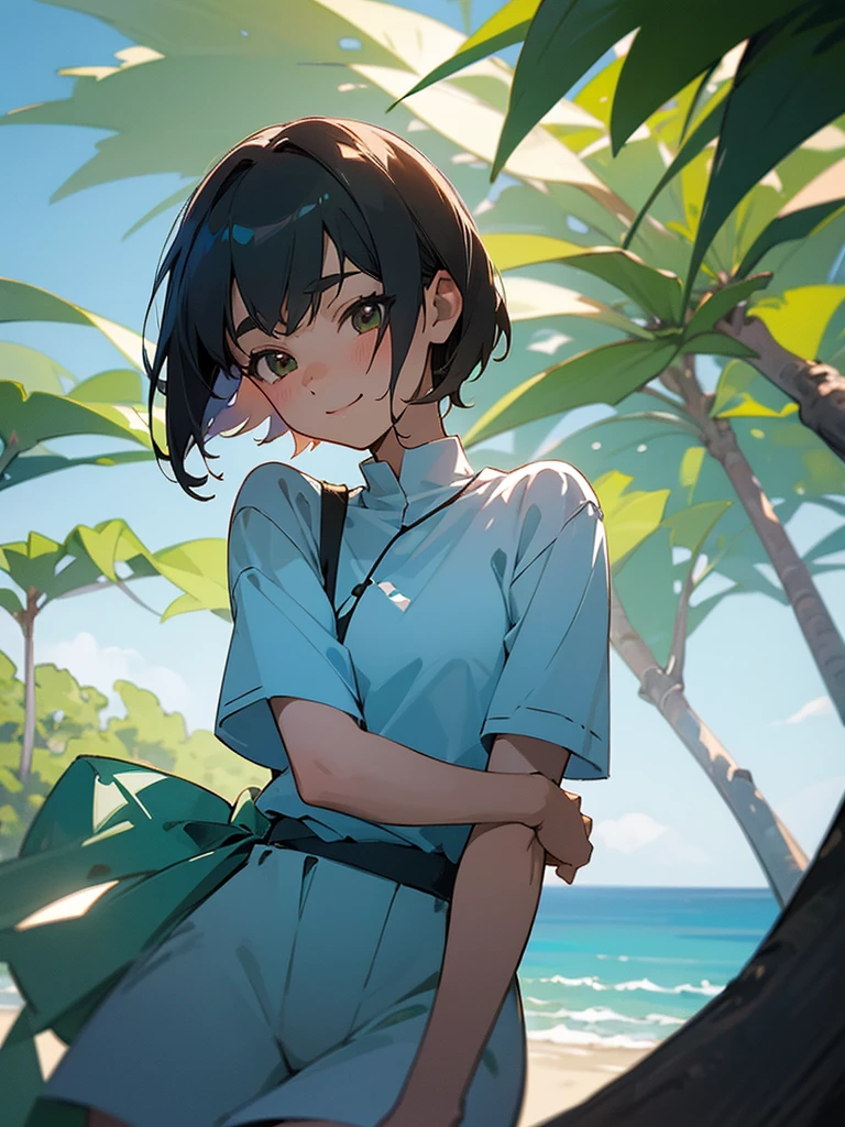  master piece, best quality, for below, cinematic angle, upper body , pigeon toed,  
Anime-style Moe illustration, yuri, summer vacation theme, 20-year-old, 2Girls, Beach,Tree Shade, short hair, 
Summer Casual, slightly inner thighs, smile, accurate drawing, Active pose, Active Angle, 