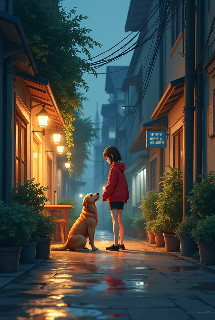 A girl in a red hoodie and shorts stands in a quiet, illuminated alleyway, gazing at a golden retriever beside her. The wet pavement reflects the warm light from nearby cafes and street lamps, while the surrounding buildings are adorned with potted plants. The scene captures a tranquil evening atmosphere, enhanced by tall trees and strung overhead wires. Anime style image view .realastic view like painting