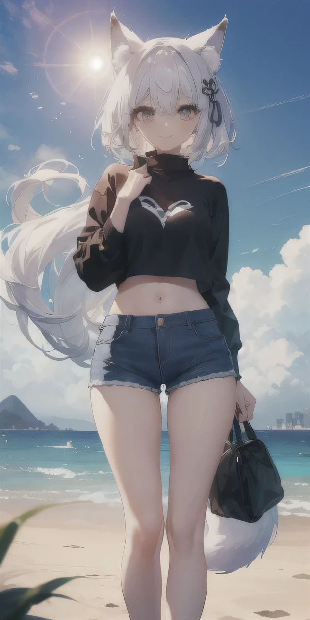 ((masterpiece)), ((best of quality)), girl, ((beauty of body)), dark skin tone, ((Detail of eyes)), very long straight hair, ((white hair)), ((Highlights of the effect on hair)), ((Hair grows into eyes)), Black cropped sweatshirt, short ripped shorts, white sneakers, Medium breasts(1:3), neck accessories, eyebrow, ((Fox ears)), ((Perfection of)), (( Smile)), ((Happy of emoticons)), thin waist, Thick Legs, Big thighs, ((Background view)), ((beach)), ((blue sky)), ((cloud)), (sun ), ((wind blowing through hair)), ((rocking the hair)), ((Brazil)), ((Rio de Janeiro)), Beautiful day, leave, looking at the audience, flushed, of,