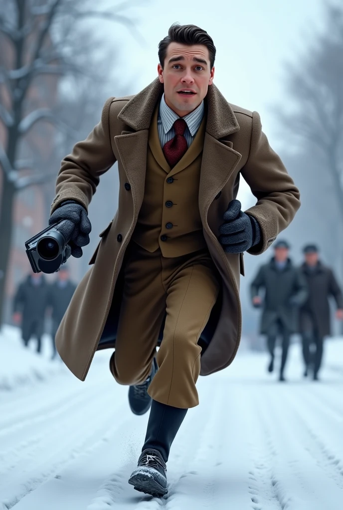 Pixar style, animation, 3d, journalist, 1900s, Russia, snow background, journey, camera, 30s age, adventure, running , movie poster, high quality, running face expression, vantage camera on his hand, full body shows. Disney, running from gangsters.