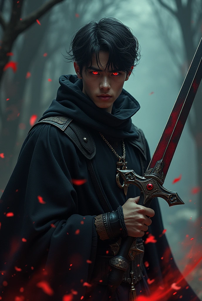 Young man with red eyes and bat holding sword