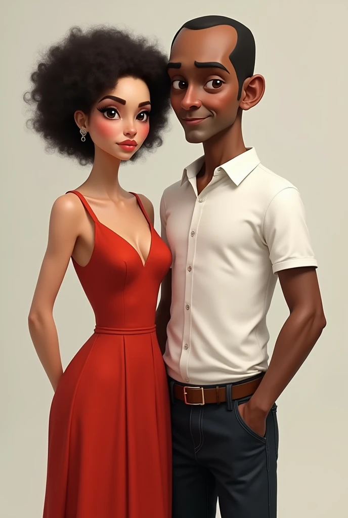 A wife and husband
The wife wears red dress and looks very slim, her face is long. She looks strict and young. She has a mole on her mouth. She has black curly hair
The husband wears white shirt, black baggy jeans, his face is long too. He looks old and kind. He is short, he has black hair and bald