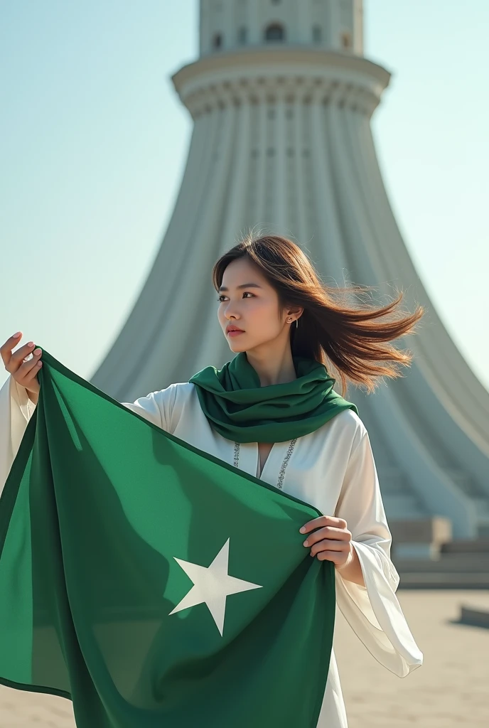 Fair colour korean open hair girl holding pakistan flag infront with white shalwar kameez and green stoler on head and standing infront of minar e pakistan