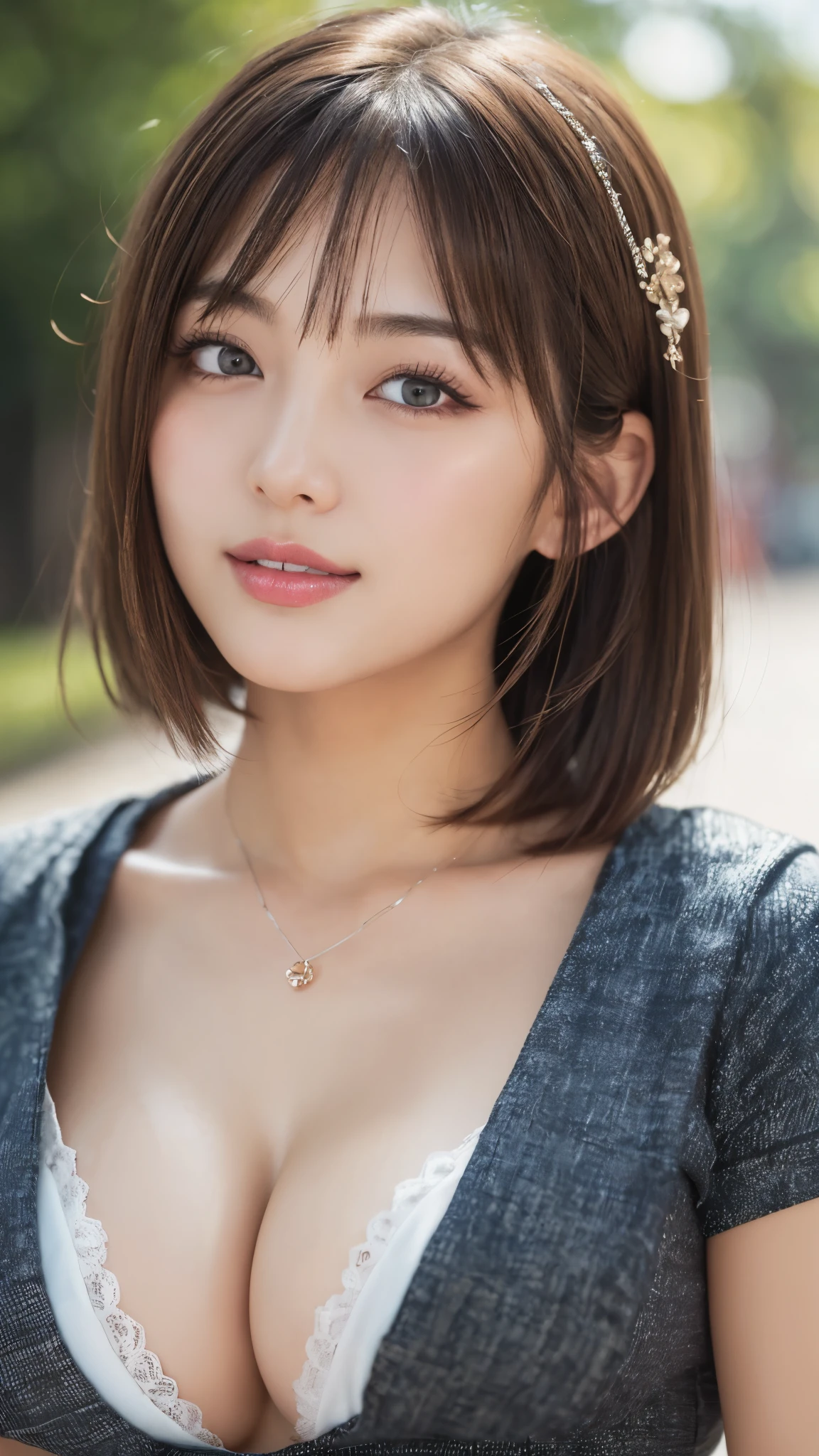 (masterpiece:1.3), high resolution, ultra detailed, extremely detailed CG unity 16k wallpaper, realistic, photo-realistic, RAW photo, super fucking beautiful detailed face, natural makeup, pale skin, realistic glistening skin, detailed cloth texture, detailed hair texture, beautiful detailed fullbody, Perfect female body, accurate, Anatomically correct, Highly detailed face and skin texture, natural neck length, (beautiful hands), (fair skin:1.1), (well-aligned teeth:1.1), ((beautiful breasts, cleavage:1.3)), (Perfect dynamic composition, looking at viewer, cowboy shot), (Random and sexy poses:1.3),
BREAK,
Detailed eyes, symmetric eyes, Light Brown eyes, Double eyelids, Thin eyebrows, (Glossy lips:1.4), ((A face with waiting for a kiss:1.2)), (blush:1.1), (A sparkling small hair accessory:1.1), (beautiful smile:1.1), (sweat skin,blush:1.2),
BREAK,
((short hair, bob, Dark blonde hair, bangs:1.2)), (park, Random and sexy wear:1.3)