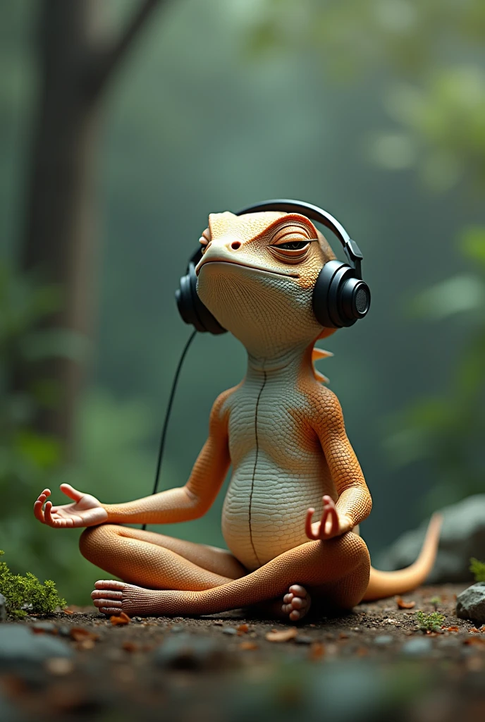 a lizard with headphone meditating