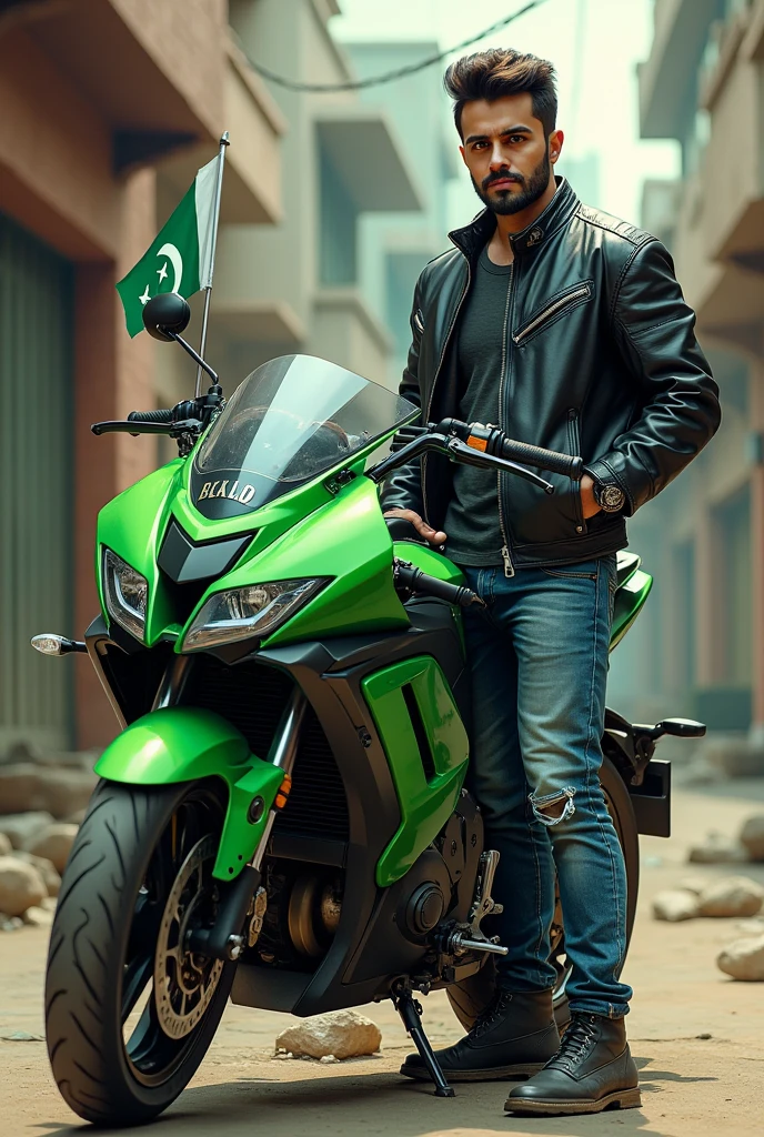 a person standing next to a green motorcycle with a pakistan flag on it, hd picture, trending on tiktok, picture of a male biker, tiktok video, hyperrealistic picture, high quality digital painting, real picture, leaked, by Ambreen Butt, sitting on a motorcycle, facebook profile picture, kyza saleem, hyperealistic photo, real trending on instagram image, r6, digital cartoon painting art, ultra realistic picture, hyper realistic photo, Ali piker, hyper realistic color photo