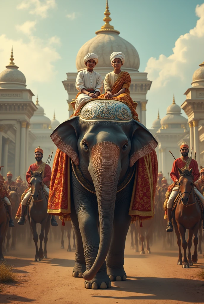 Two young male children of Tipu Sultan aged 7 and 10 wearing turbans and white gowns of the 18th century royal costumes sitting on back of a big elephant in a decorated silver Hooda. A old mahooth sitting on the head of the elephant is controlling and coming out of the gates of Srirangapatna. Tipu Sultan's cavalry and camel mounted soldiers are following them as part of the procession. The whole seen is in UHD resolution from the ground level shot in Very high resolution