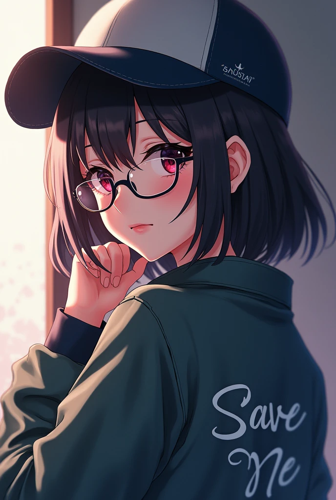 Anime Lady with Glasses with cap and jacket which is writen " Save Me "
