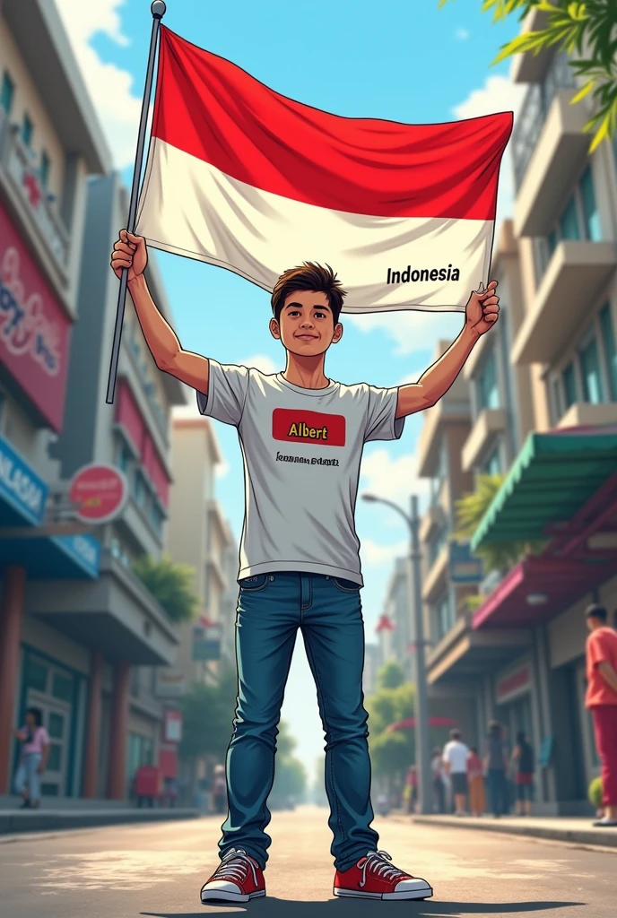 Produce a Realistic 30 year old boy, wearing a white t-shirt, blue jeans, sneakers, and name "ALBERT" written on his shirt and the boy is standing on the street holding the Indonesian national flag, and behind it is Red For Indonesia. and written in the sky Independence Day "create high quality Realistic images, in comic book style