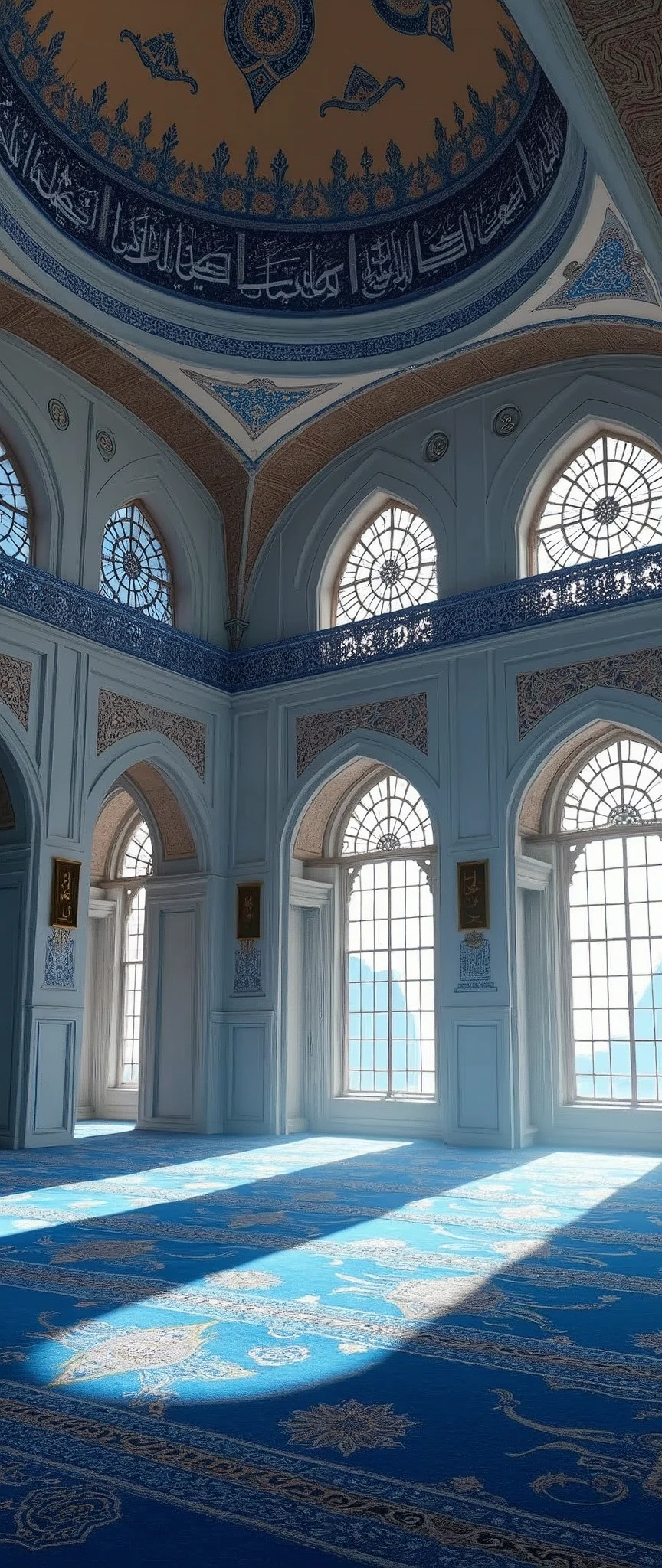 (masterpiece:1.2,Highest quality,Ultra-high resolution,Super detailed,Photorealistic,RAW Photos:1.2,Elaborate photos),(Beautiful mosque room),8k,wallpaper,(Ray Tracing),(Beautiful arabesque carpet),(A large dome with beautiful arabesque patterns),(A large mosque room with a blue theme),dynamic